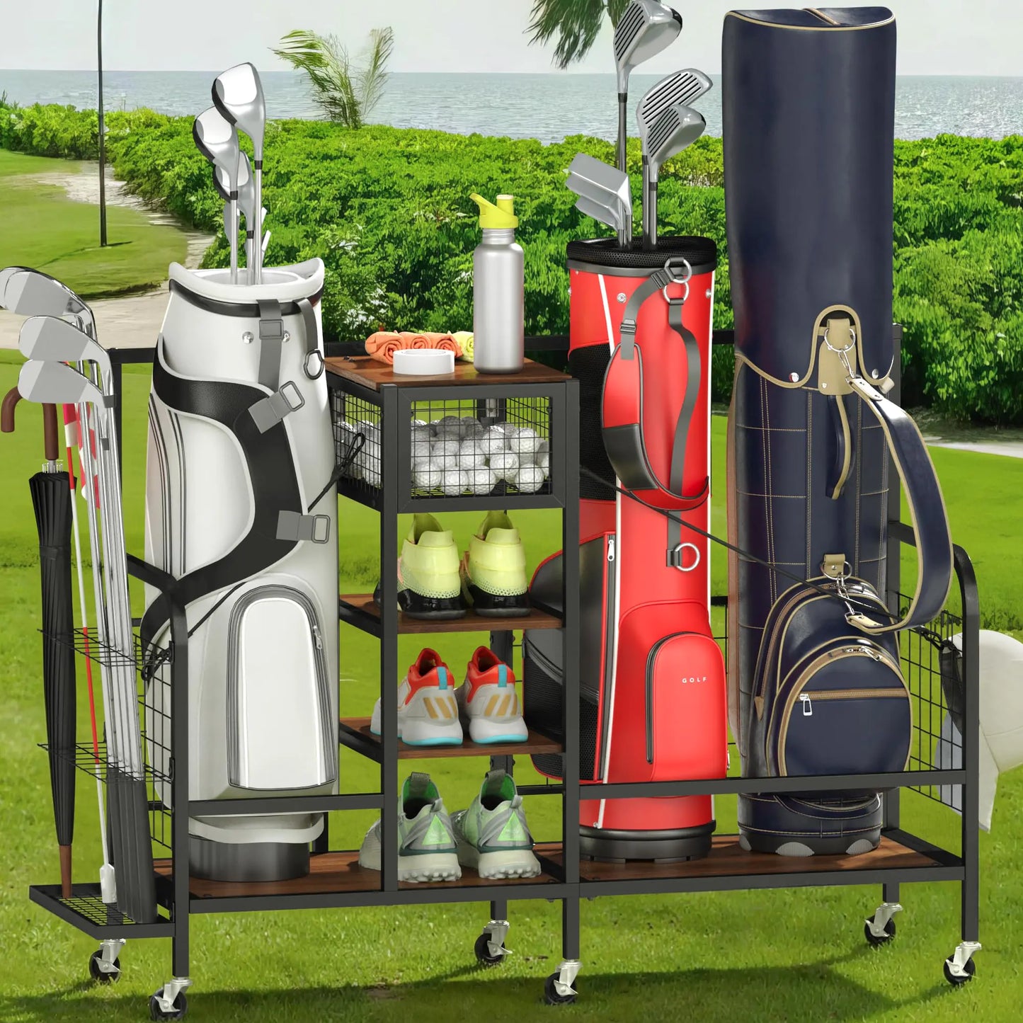 AlphyGolf Golf Bag Organizer Golf Storage Organizer for Garage with Wheels Golf Club Bag Storage Rack Fit for Golf Bags Golf Clubs Golf Equipment Accessories